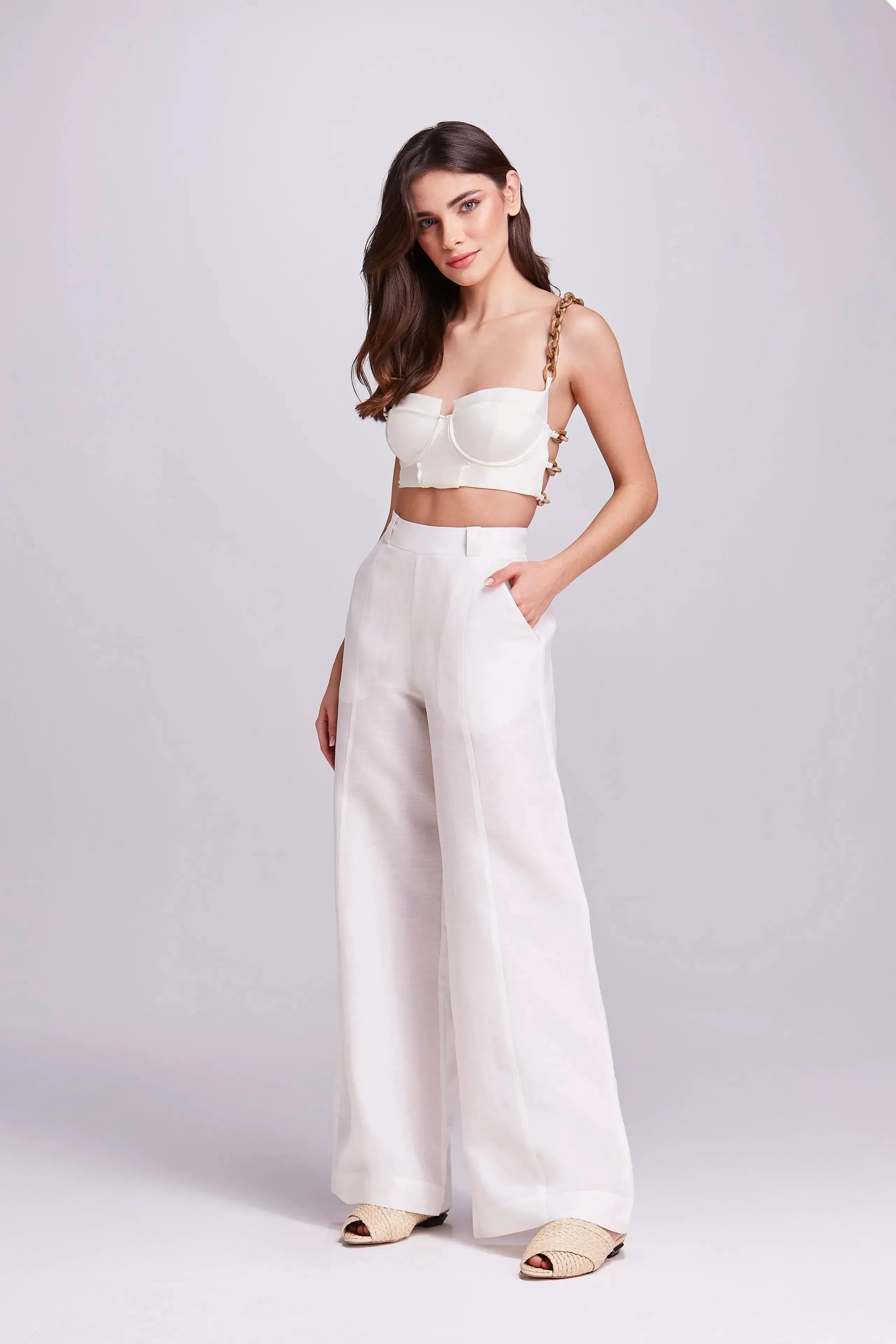 Calça pantalona cintura alta off white