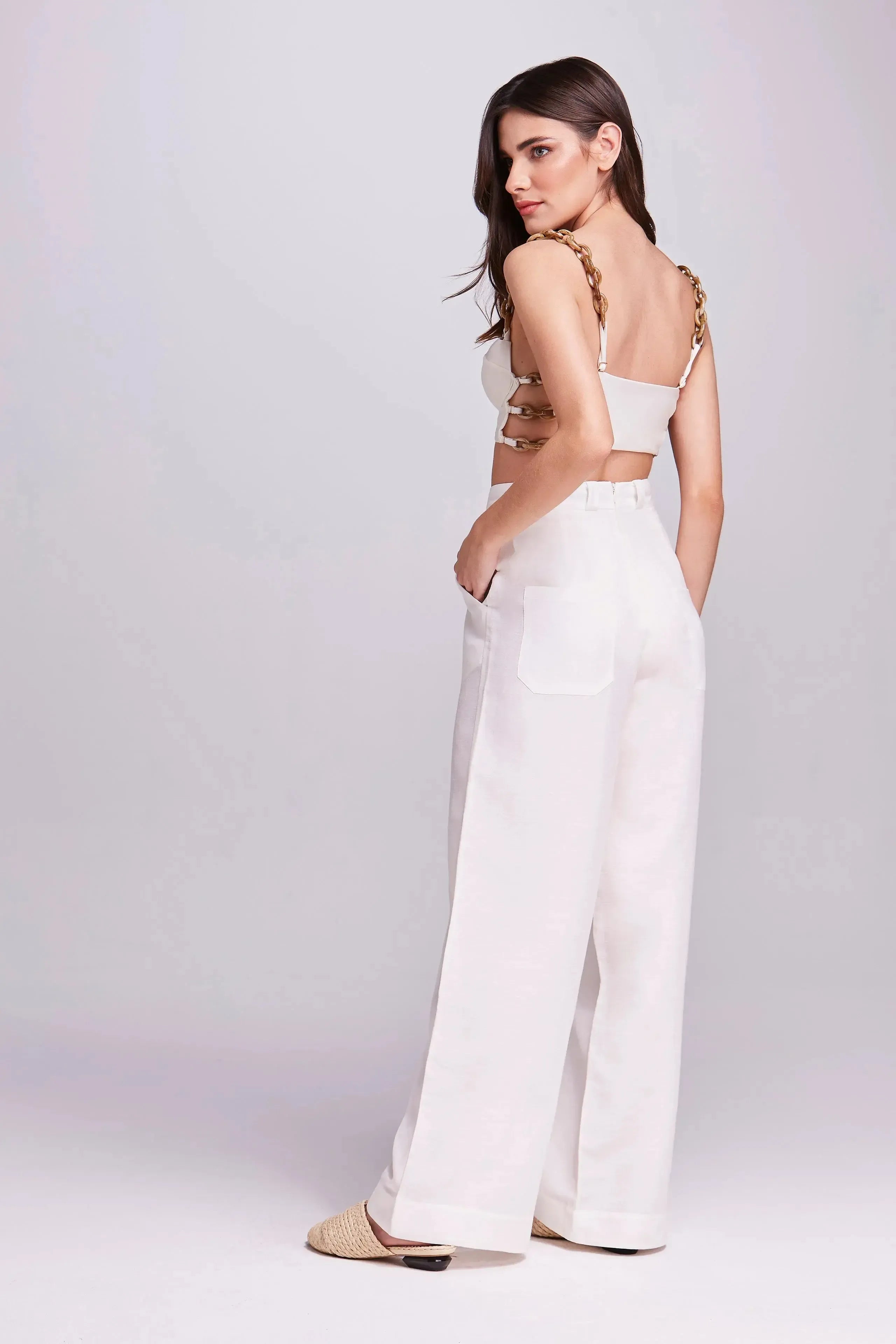 Calça pantalona cintura alta off white