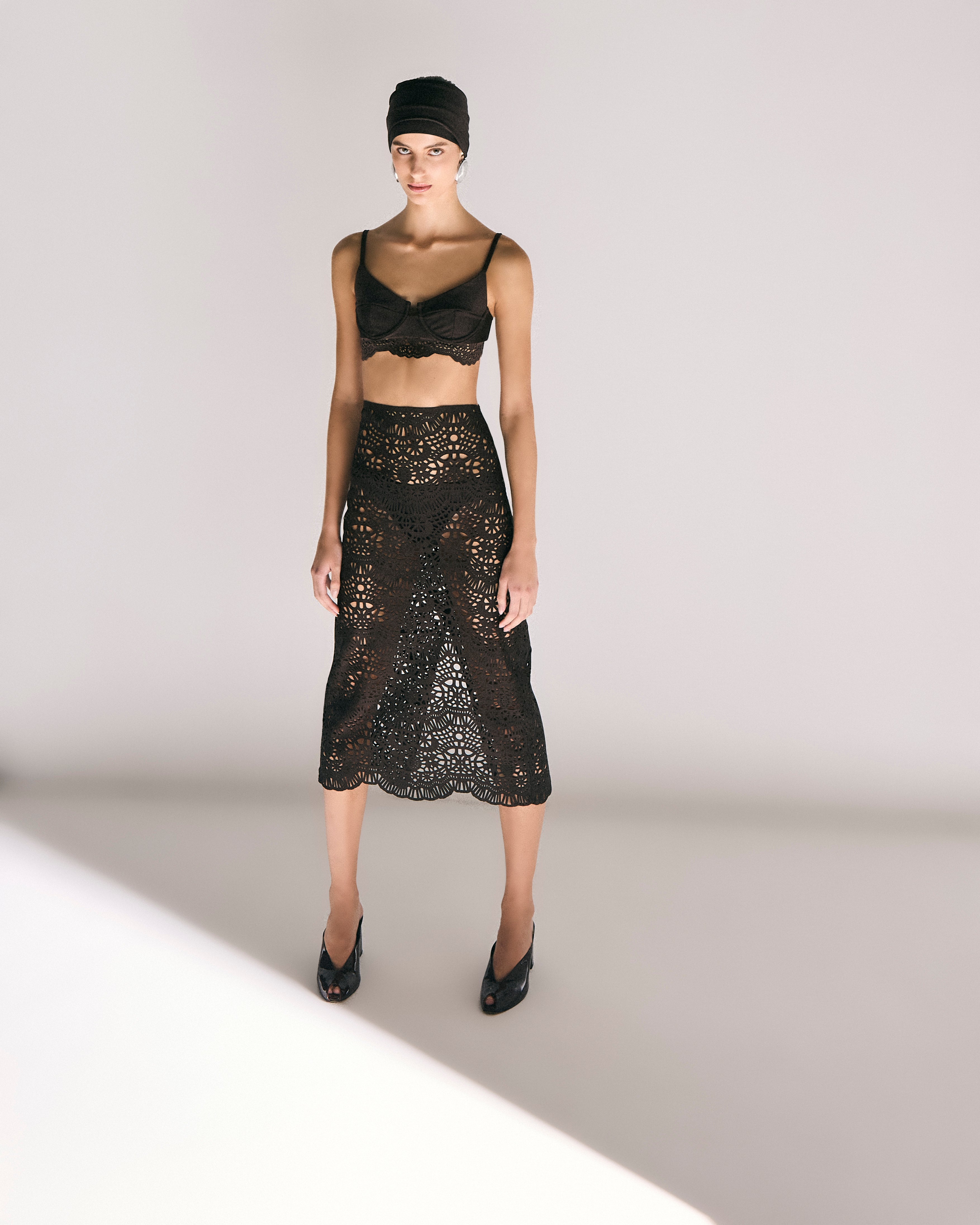 Saia Midi Laser Guipure Collab Lolitta Coffe