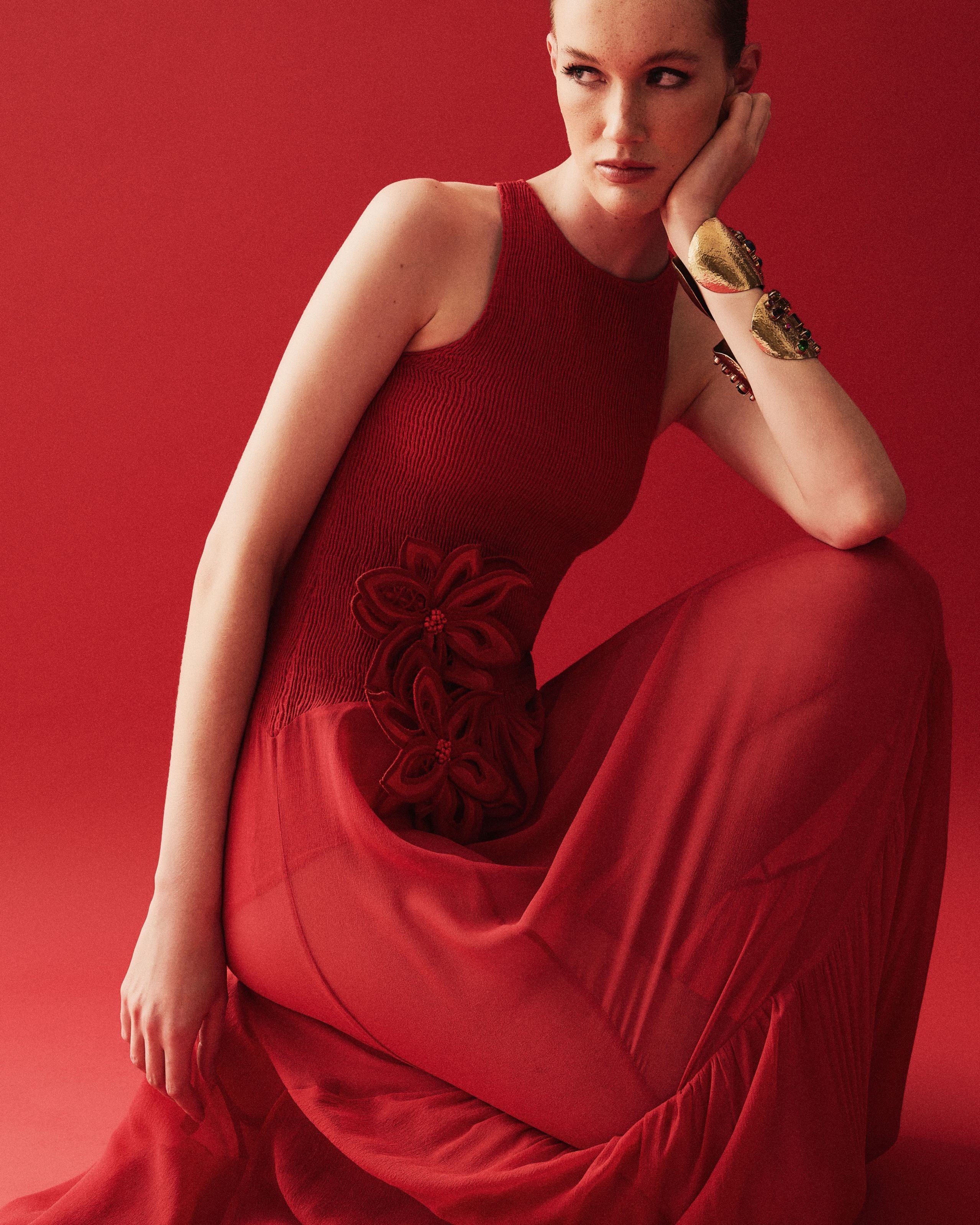 Vestido Lastex Floraison Vermelho Collab Vanessa Abbud