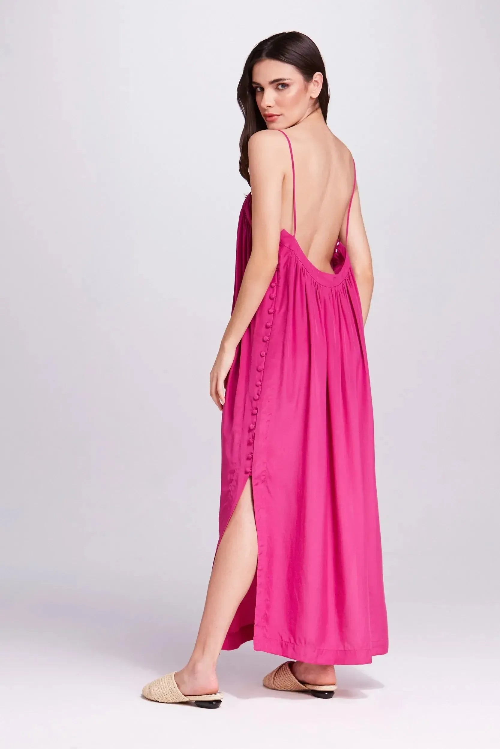 Vestido seda botões rosa
