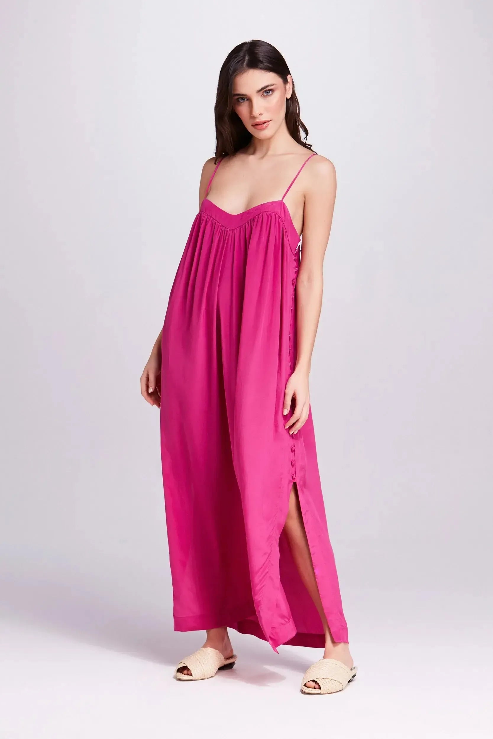 Vestido seda botões rosa