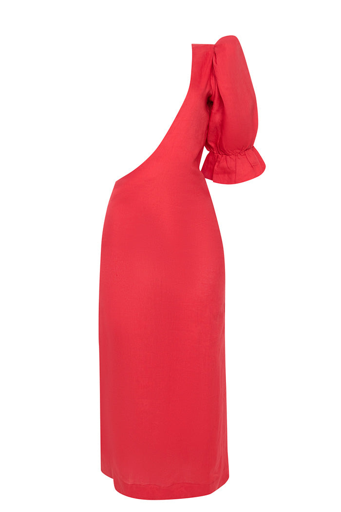 Vestido Ombro Só Manga Volume Vermelho