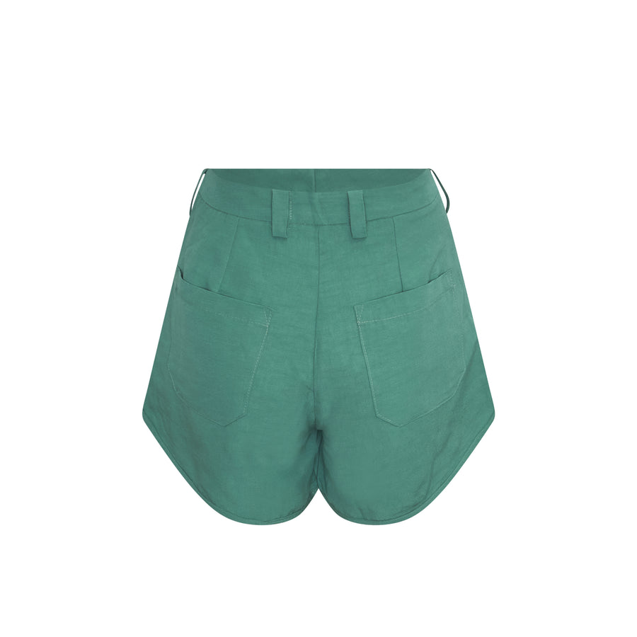 Basil Green High Waist Linen Shorts